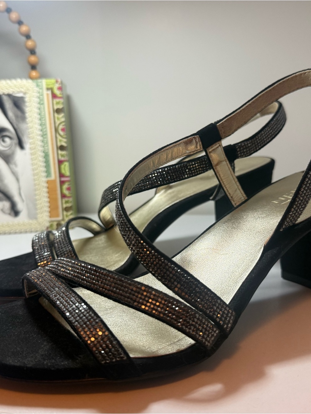 Naturalizer Black Rhinestone Strappy Block Heel Sandals